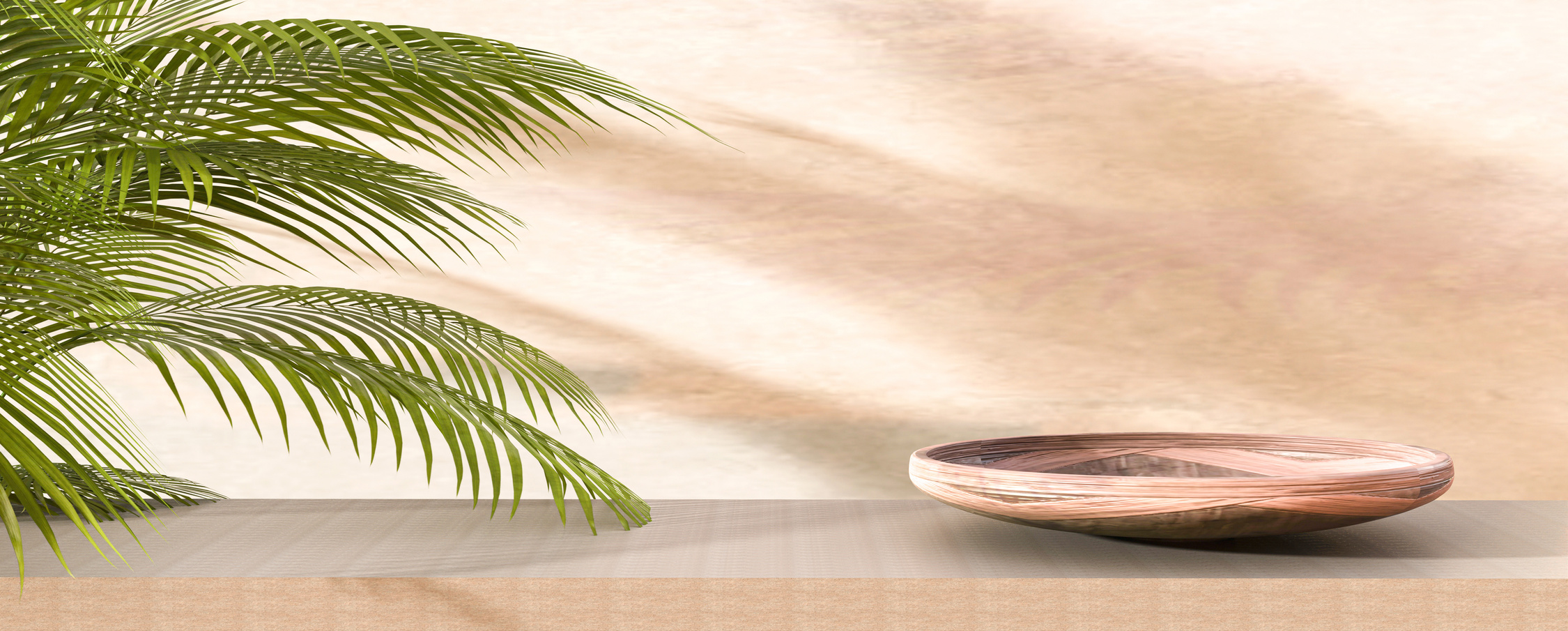 Carved wooden parquet round wood podium on beige table counter in sunlight, leaf shadow on wall background for luxury organic, skin care and bodycare products. 3d render.